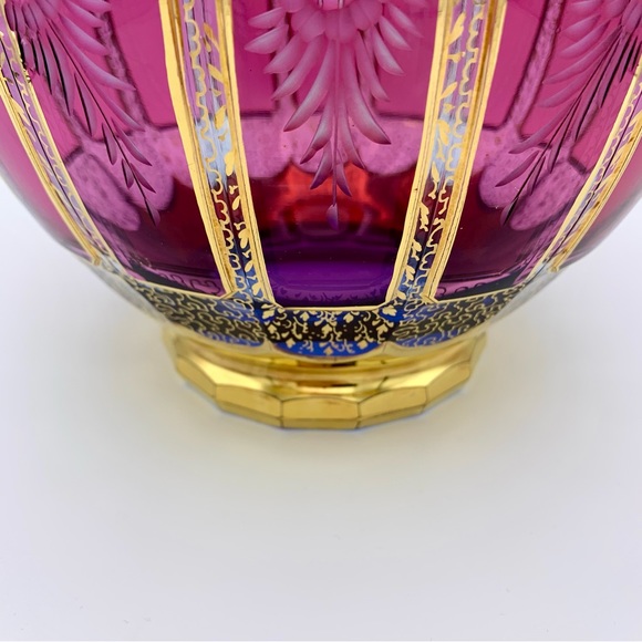 RARE Bohemian Moser Cabochon Vase 10” Cranberry Panel Intaglio, Clear Blue, 24K - Picture 13 of 16